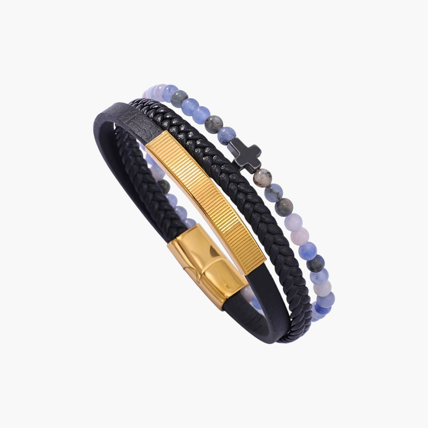 Pulseira Cruz de Couro Trançado e Aço Inoxidável