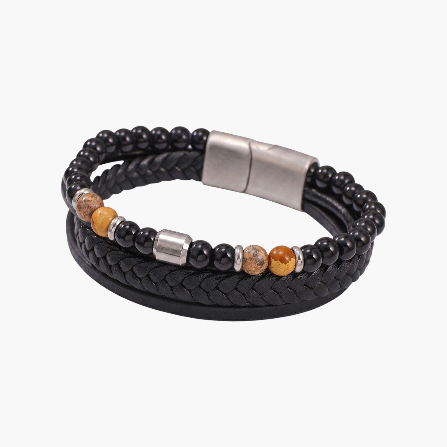 Pulseira de Couro Trançado e Aço Inoxidável