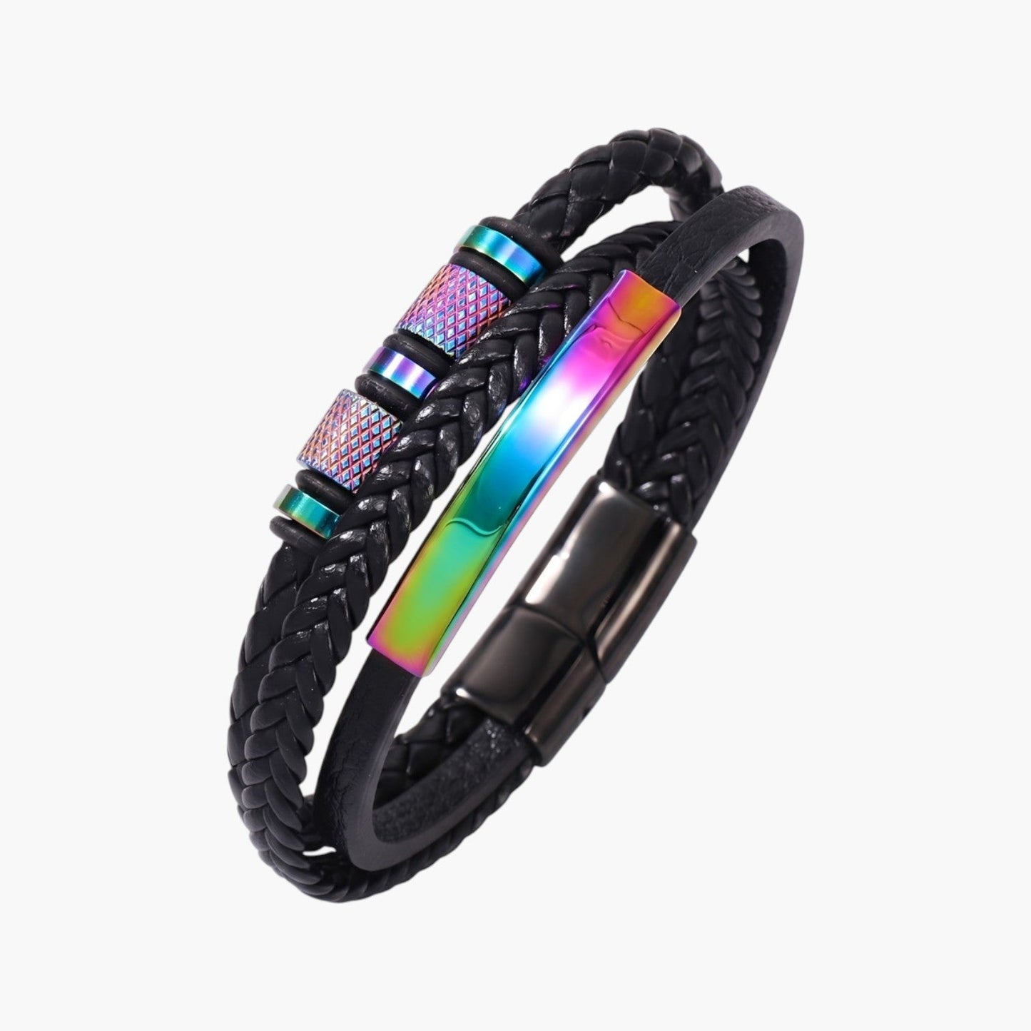 Pulseira de Couro Trançado e Aço Inoxidável