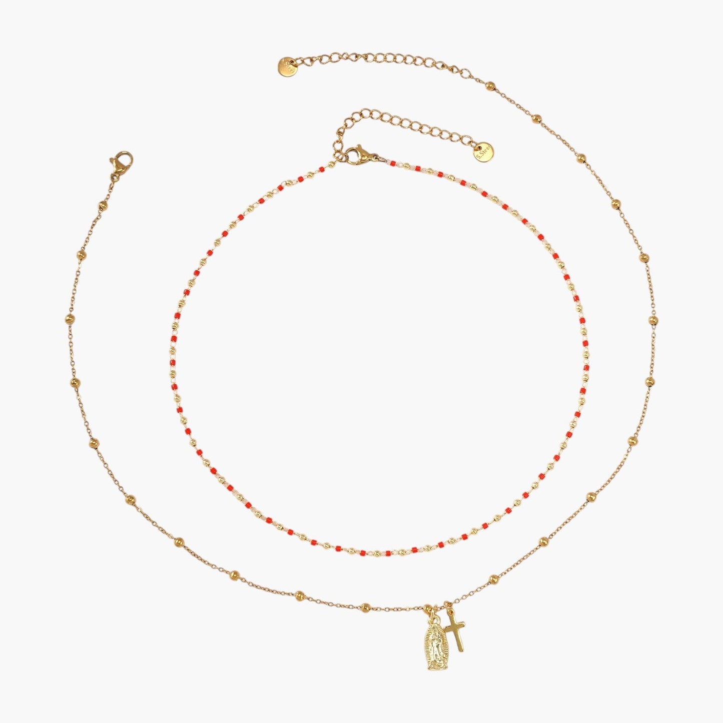 Colar Duplo Elegante com Contas e Pendentes Religiosos