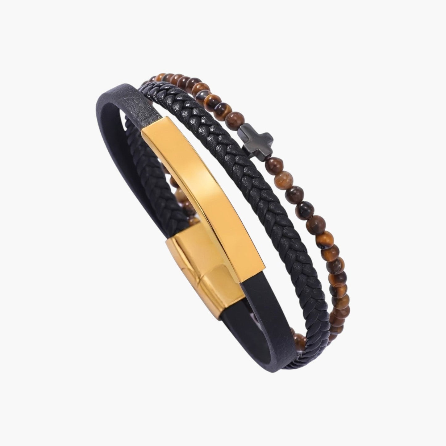 Pulseira Cruz de Couro e Pedra Natural