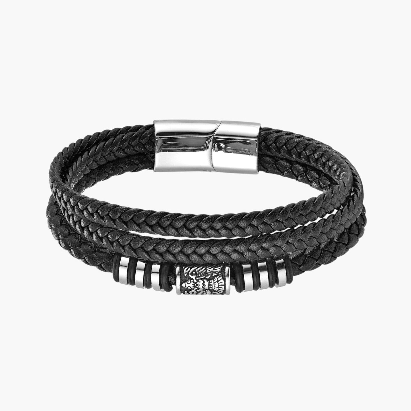 Pulseira de Couro Multicamadas e Aço Inoxidável