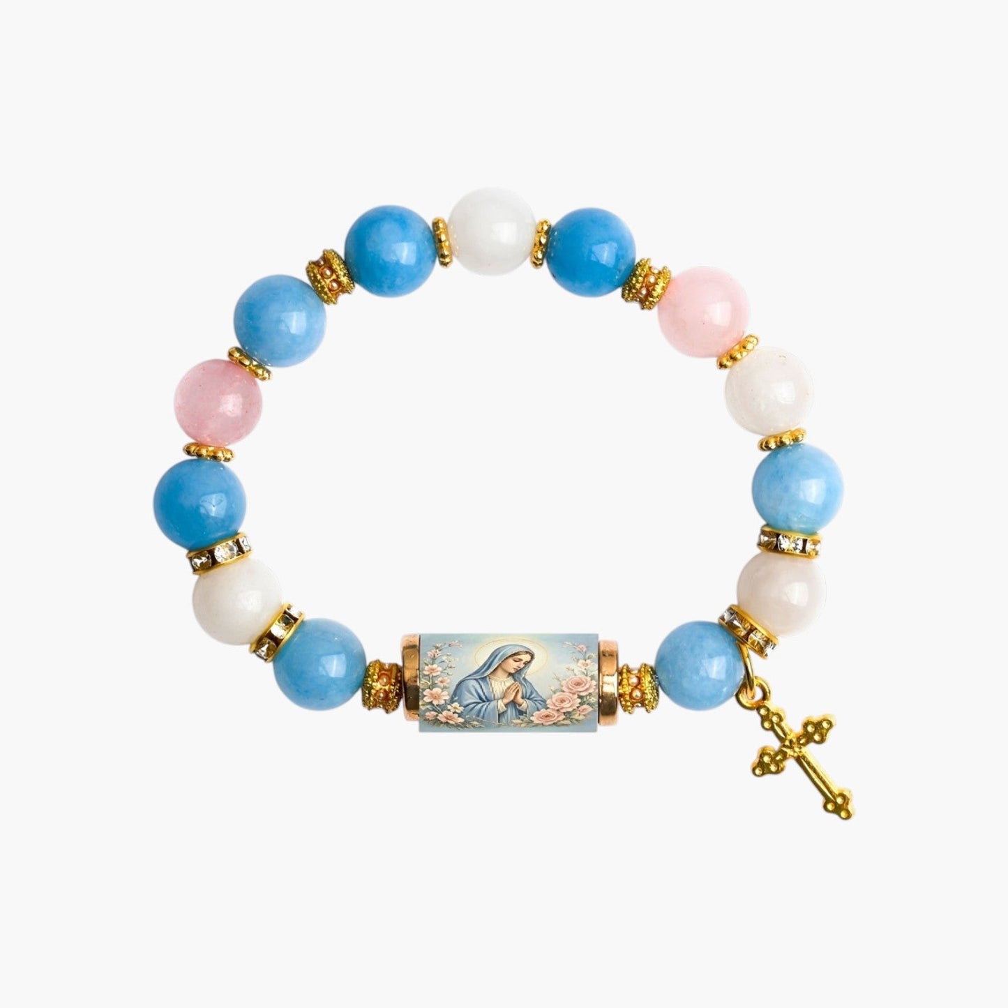 Pulseira Cruz em Calcedónia Branca com Banho de Ouro