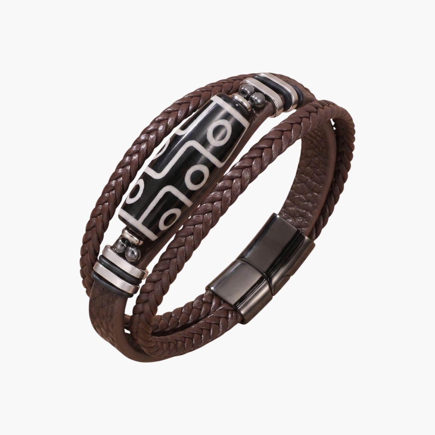 Pulseira de Couro Trançado e Aço Inoxidável