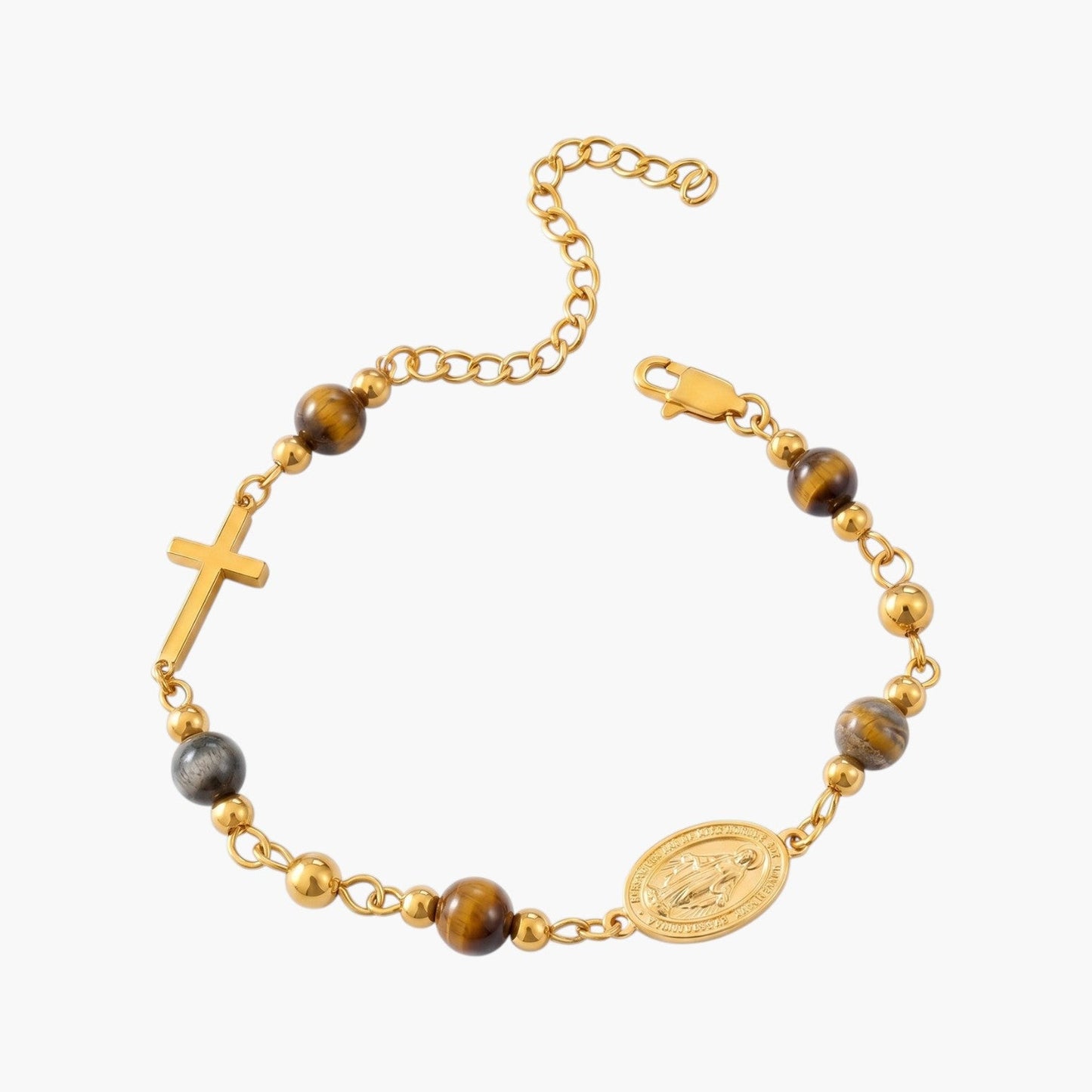 Pulseira Nossa Senhora Milagrosa em Aço Inoxidável Dourado com Pedras Naturais