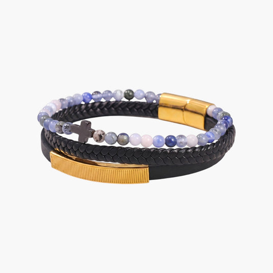 Pulseira Cruz de Couro Trançado e Aço Inoxidável