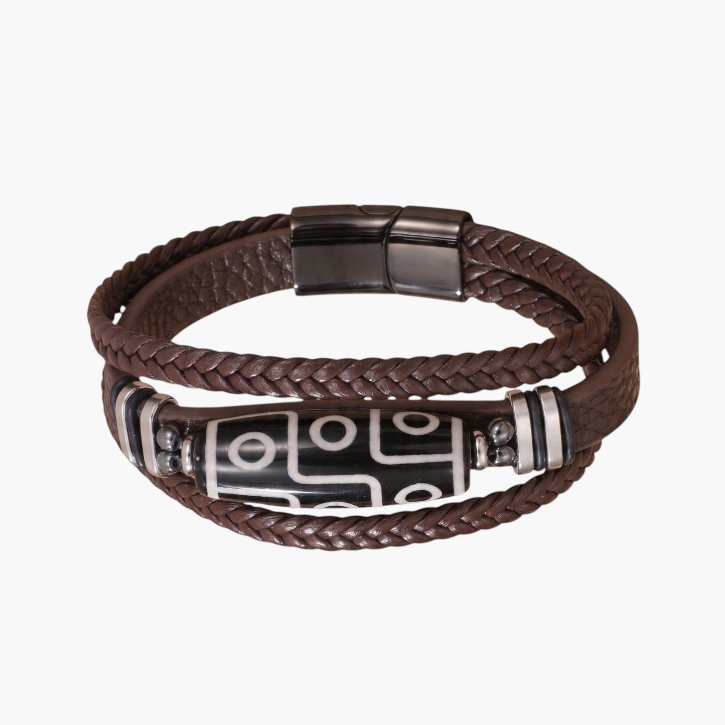 Pulseira de Couro Trançado e Aço Inoxidável