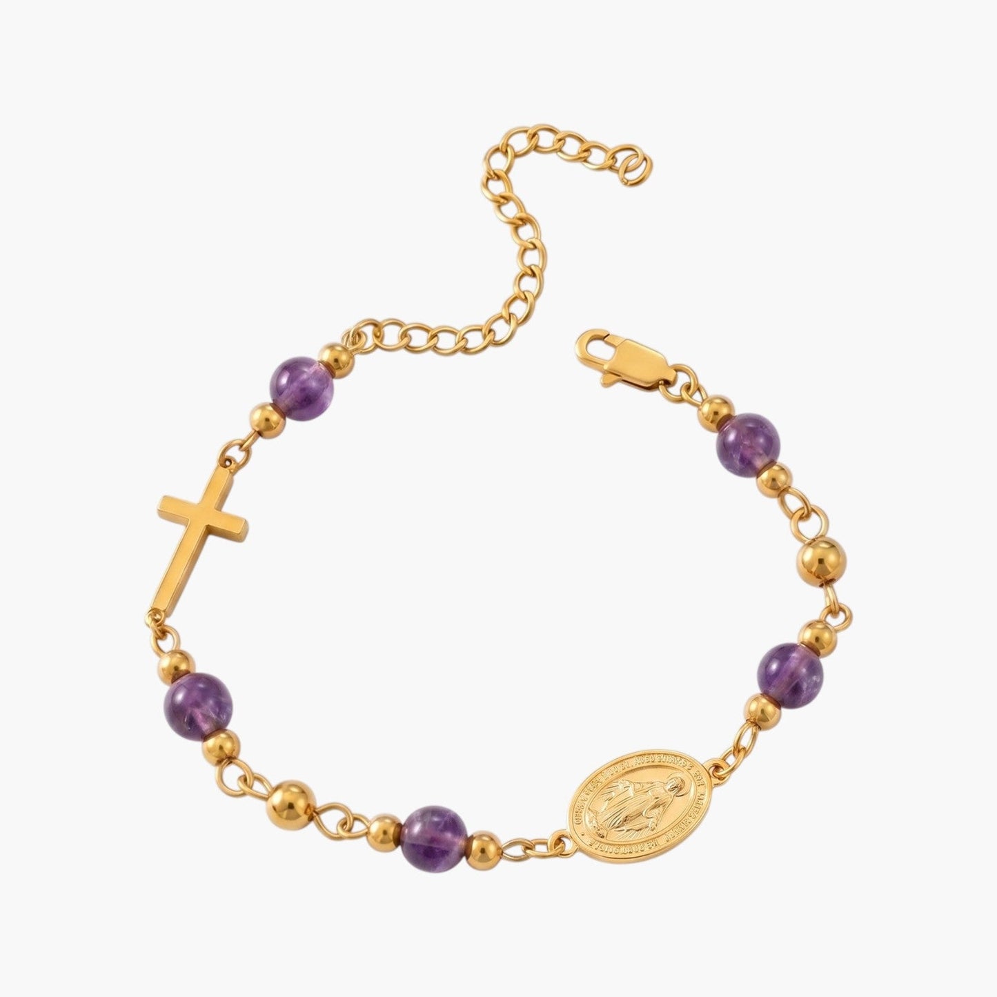 Pulseira Nossa Senhora Milagrosa em Aço Inoxidável Dourado com Pedras Naturais