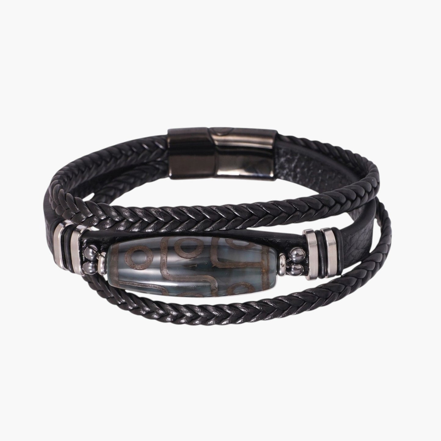 Pulseira de Couro Trançado e Aço Inoxidável