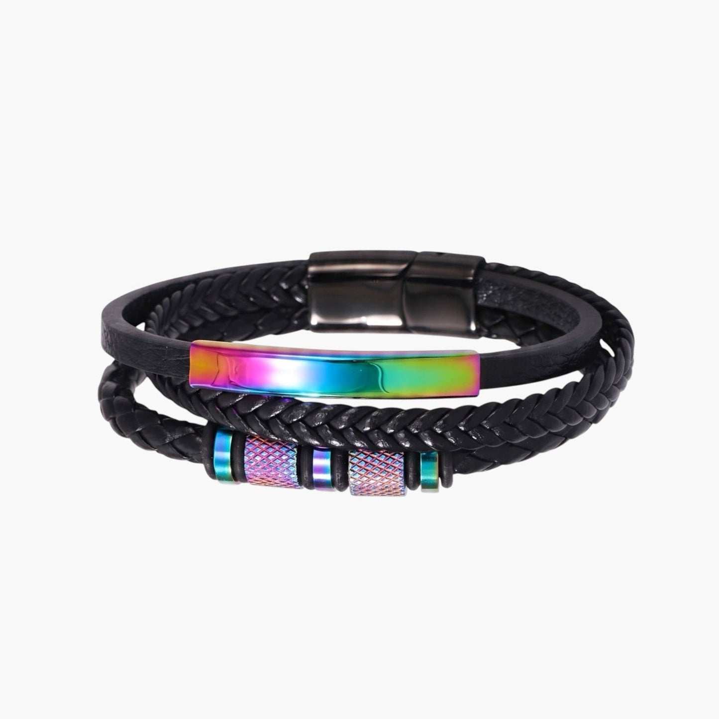 Pulseira de Couro Trançado e Aço Inoxidável