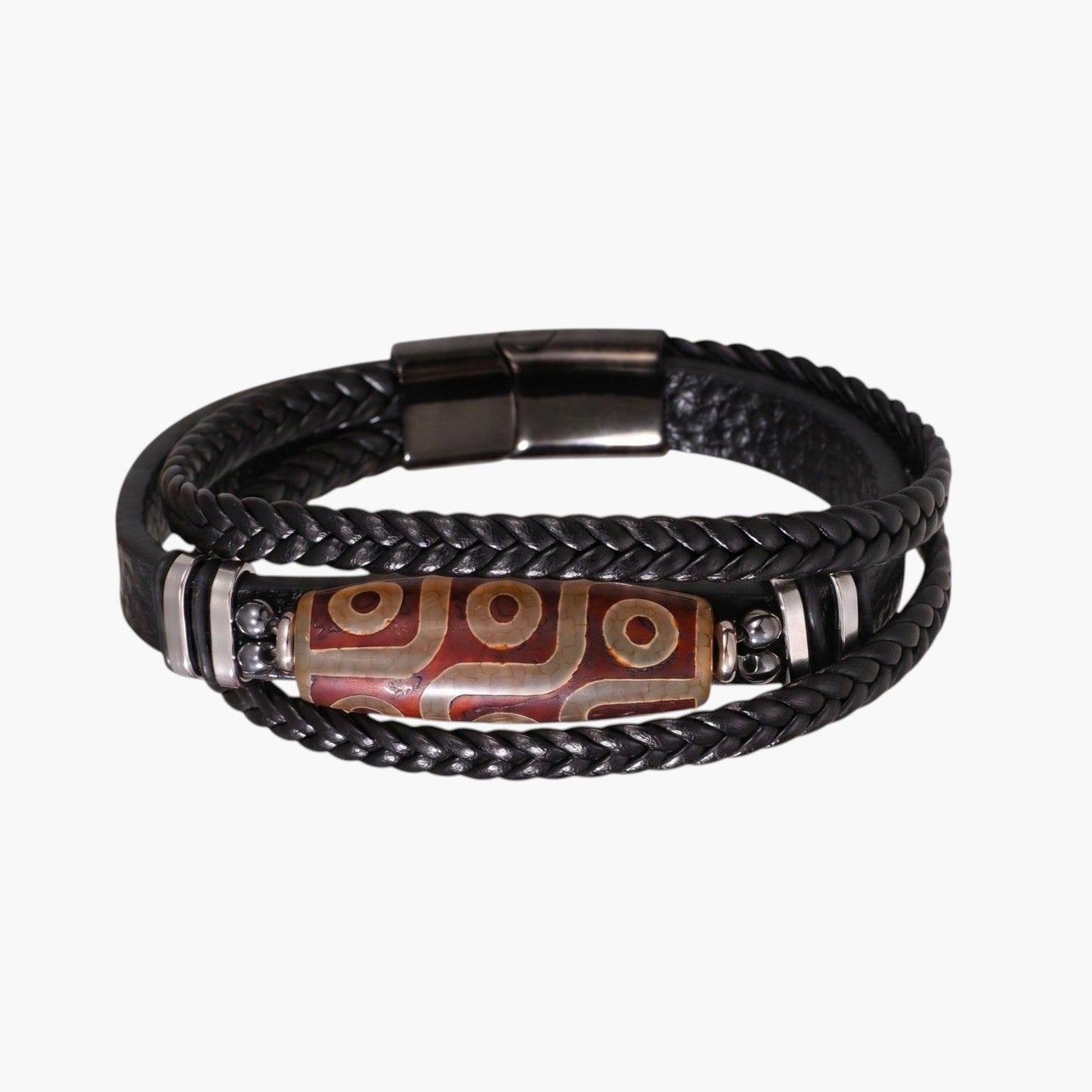 Pulseira de Couro Trançado e Aço Inoxidável