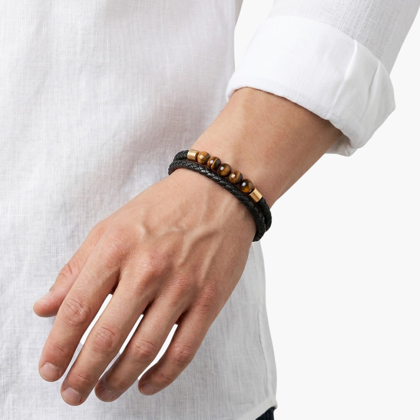 Pulseira em Couro Trançado com Pedra Natural
