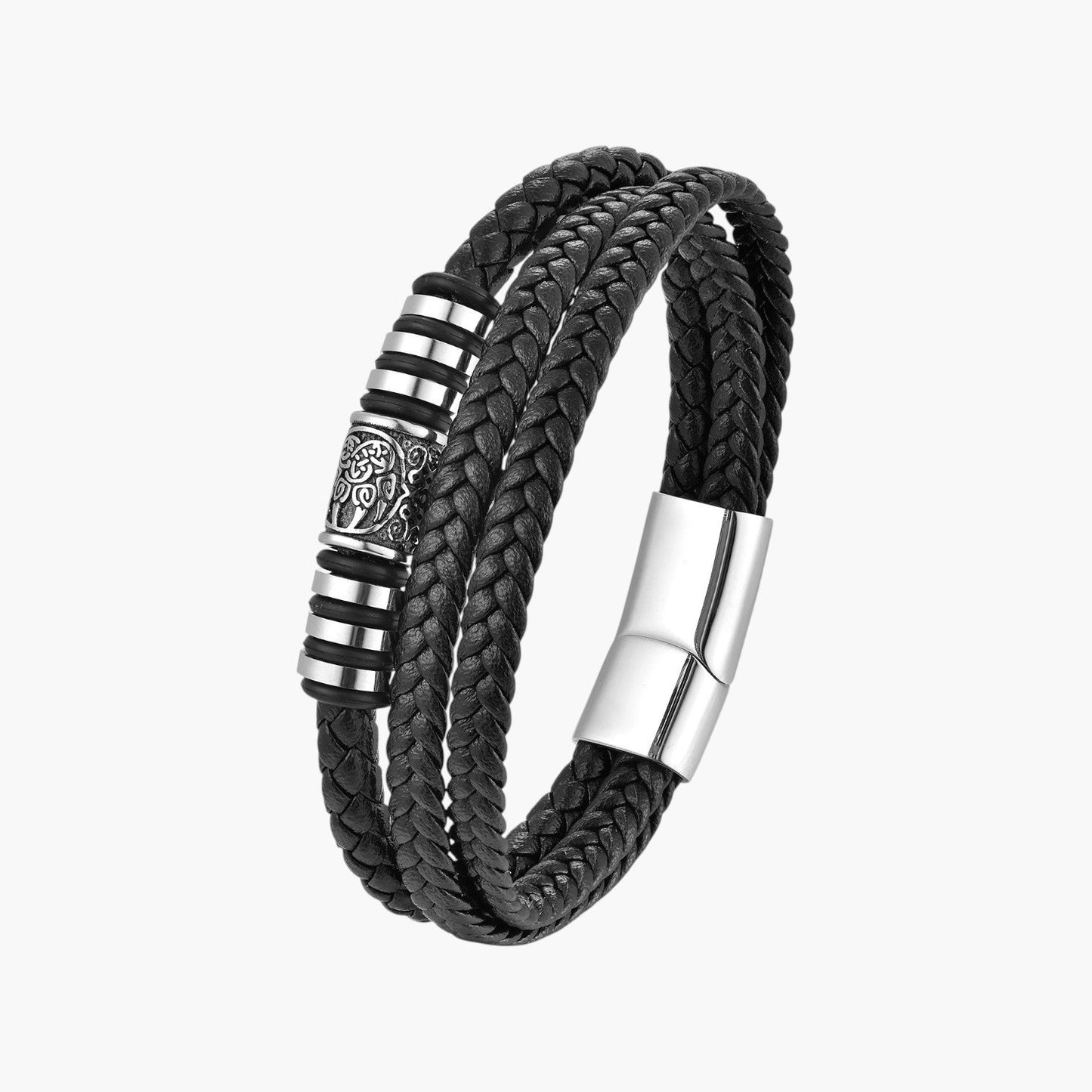 Pulseira de Couro Multicamadas e Aço Inoxidável
