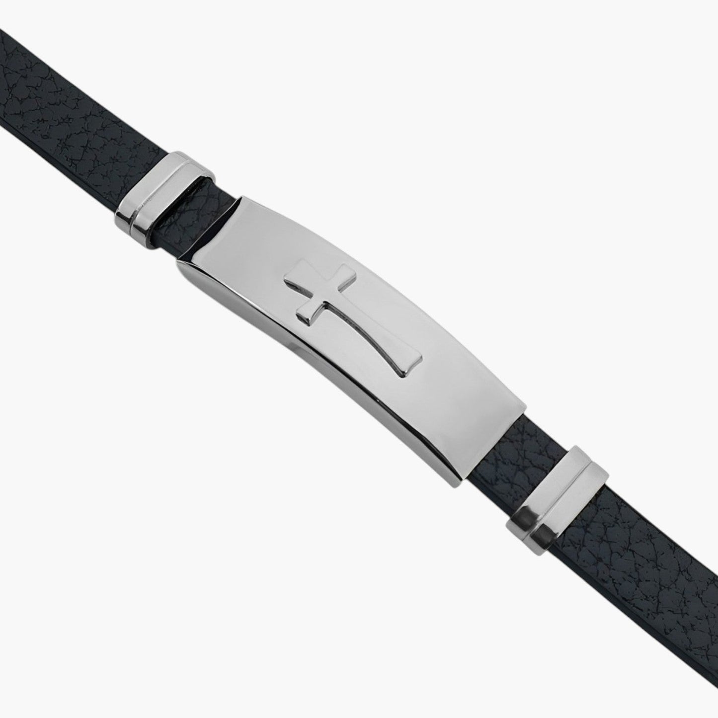 Pulseira Cruz em Couro e Aço Inoxidável