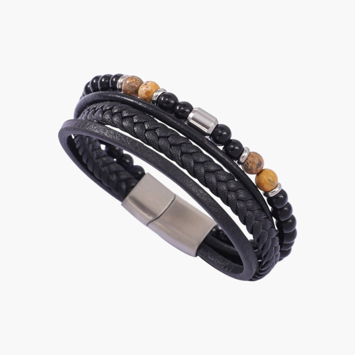 Pulseira de Couro Trançado e Aço Inoxidável