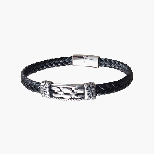 Pulseira de Couro Entrançado e Aço Inoxidável