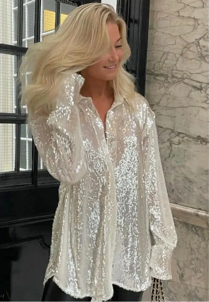Shimmering White Sequin Blouse – Button-Up Party Shirt