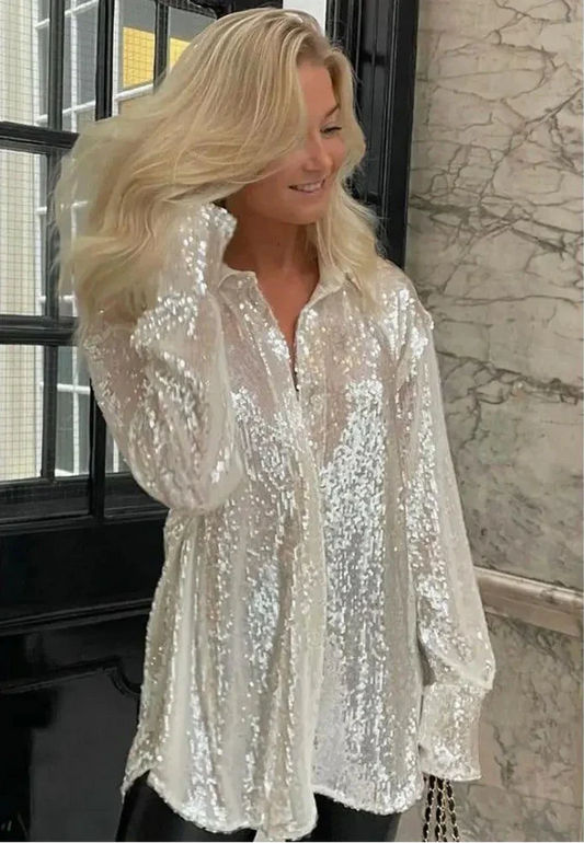 Shimmering White Sequin Blouse – Button-Up Party Shirt