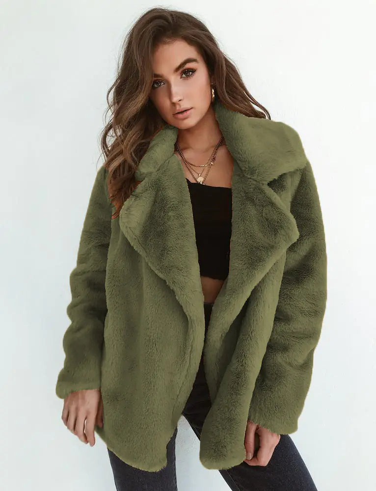 Soft Plush Faux Fur Coat – Cozy Open Front Winter Jacket