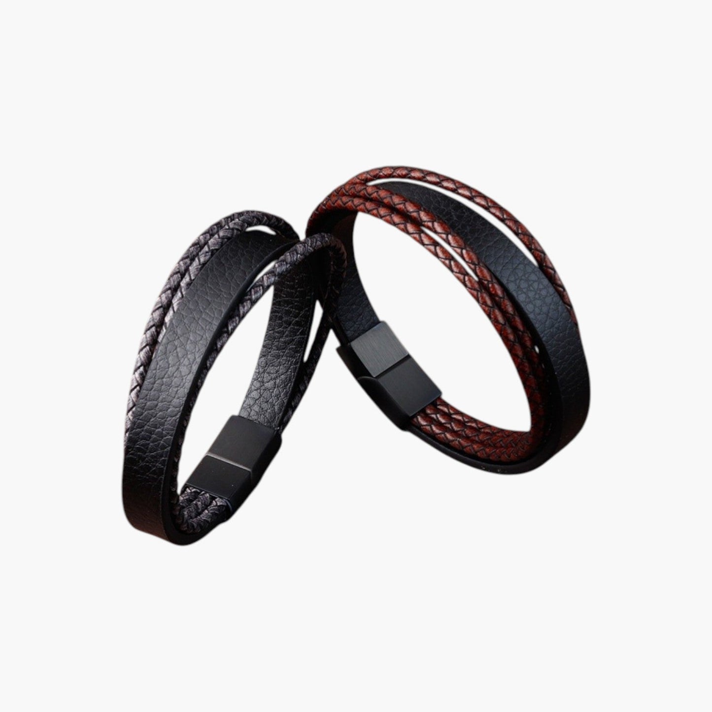 Pulseira Multicamadas em Couro Trançado e Aço Inoxidável