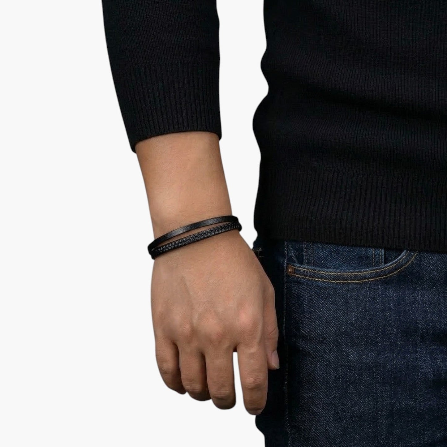 Pulseira de Couro e Aço Inoxidável 316L