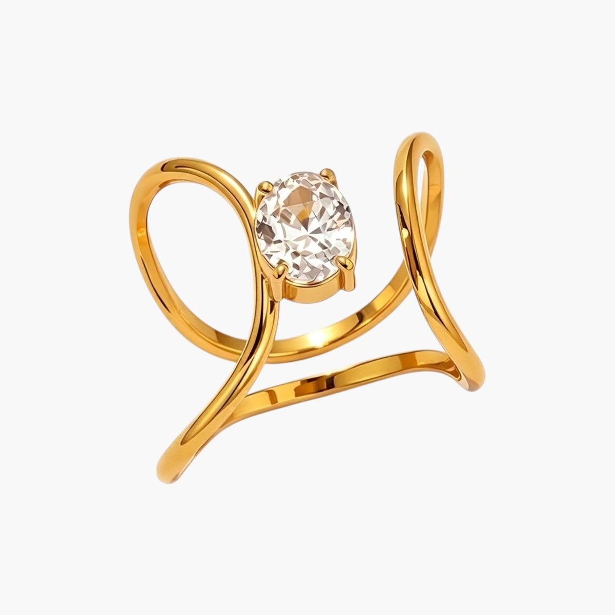 Anel Ajustável em Aço Dourado com Zircónia Oval