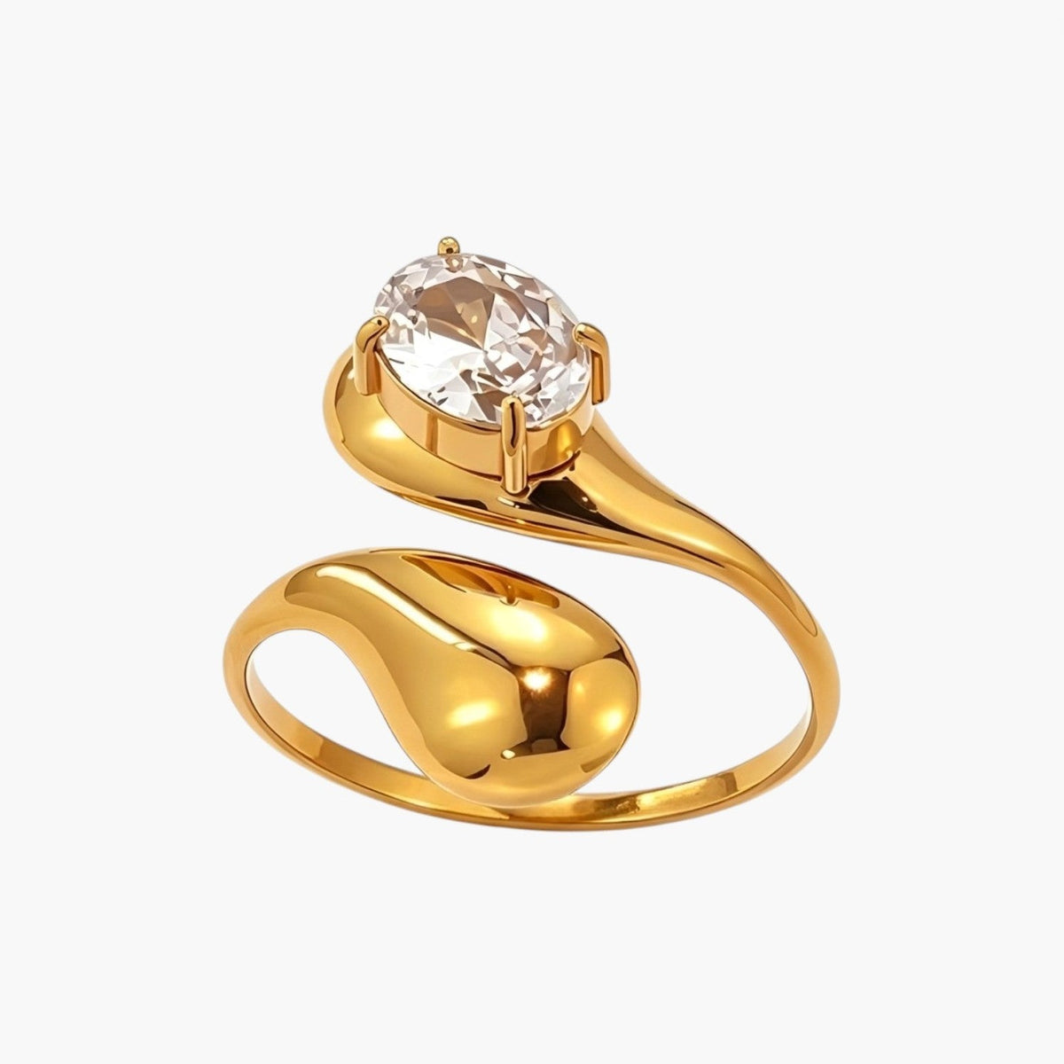 Anel Ajustável em Aço Dourado com Zircónia Oval