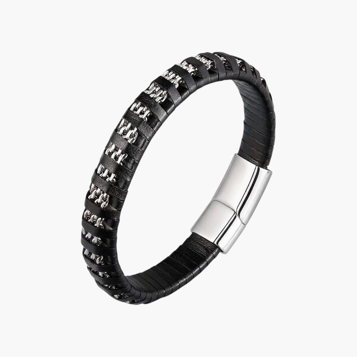 Pulseira em Couro e Aço Inoxidável