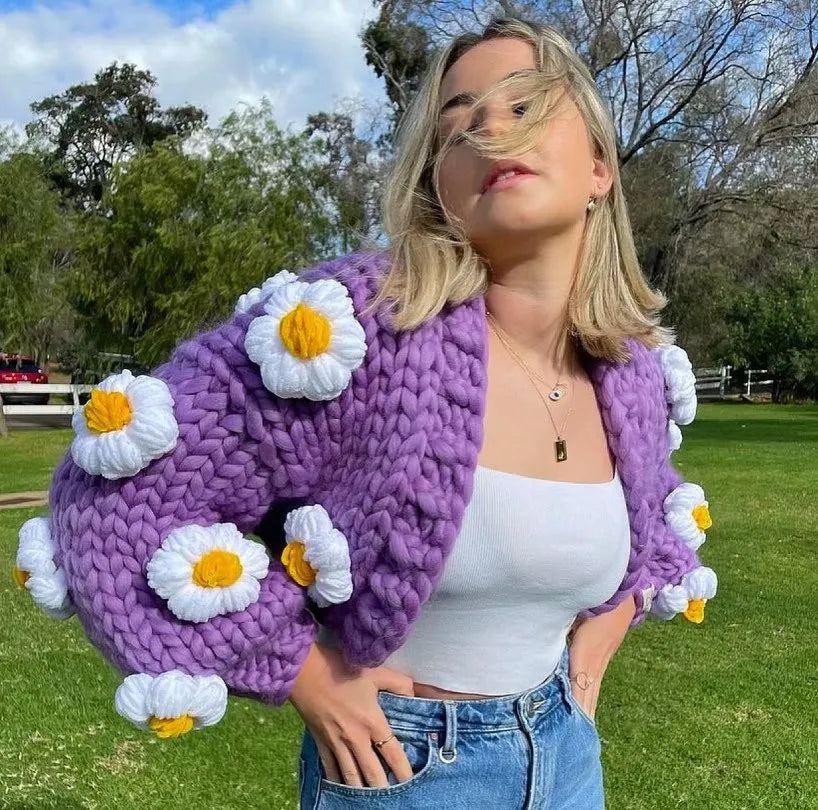 Handmade Chunky Knit 3D Flower Cardigan – Cozy Statement Sweater