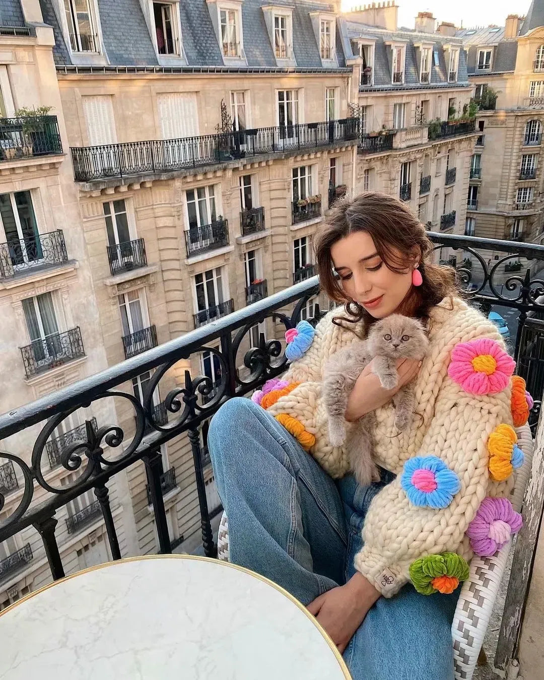 Handmade Chunky Knit 3D Flower Cardigan – Cozy Statement Sweater