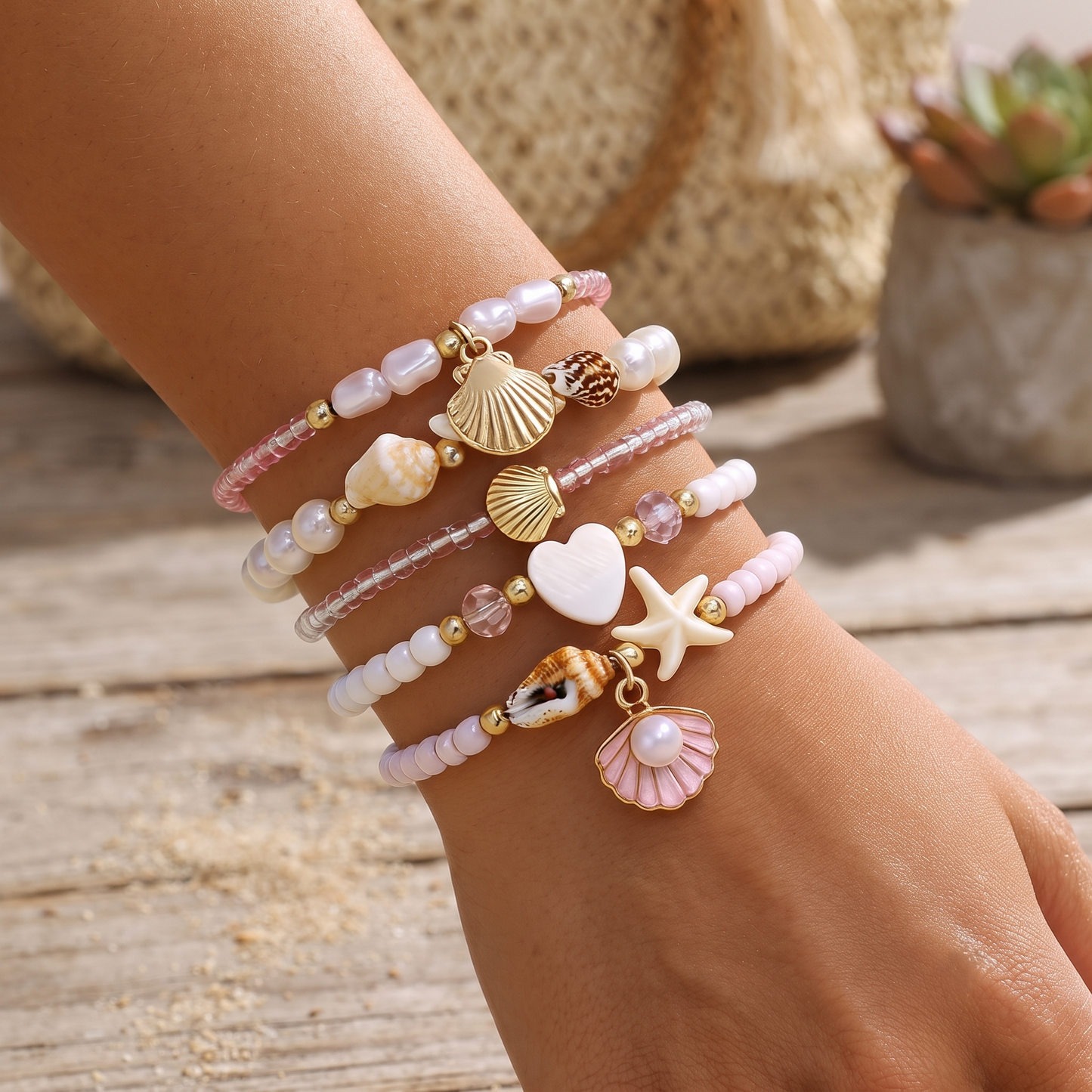 Conjunto de Pulseiras Conchas e Pérolas