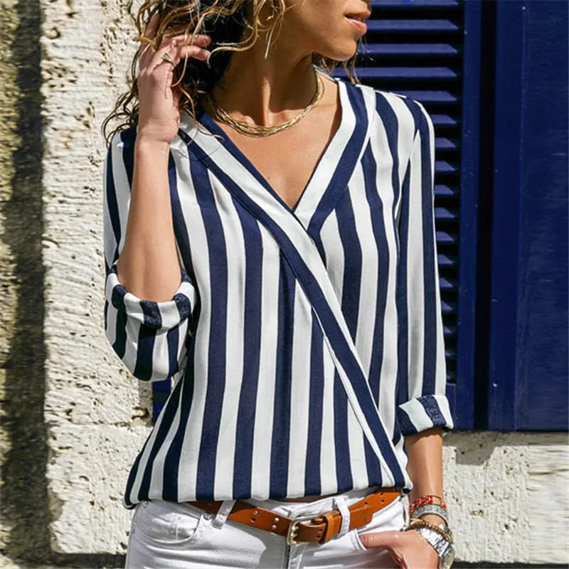 Vertical Stripe V-Neck Blouse for Women – Casual Chic Button Cuff Shirt