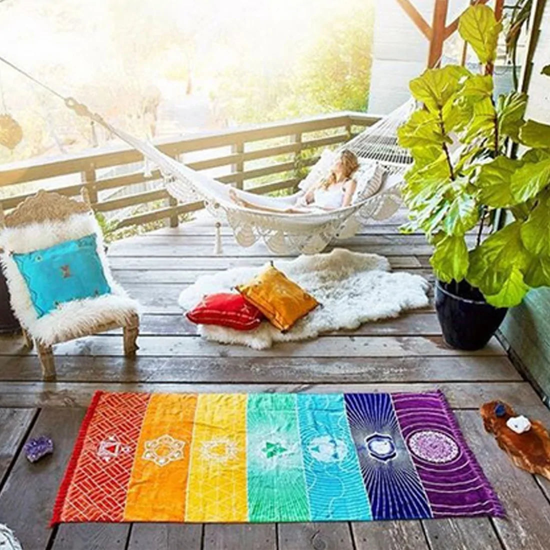 Boho Chakra Rainbow Yoga & Beach Mat – Multi-Use Tapestry Blanket