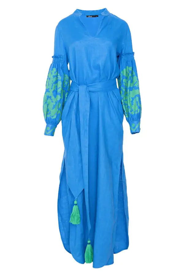 Embroidered V-Neck Boho Dress – Long Sleeve Cotton Beachwear