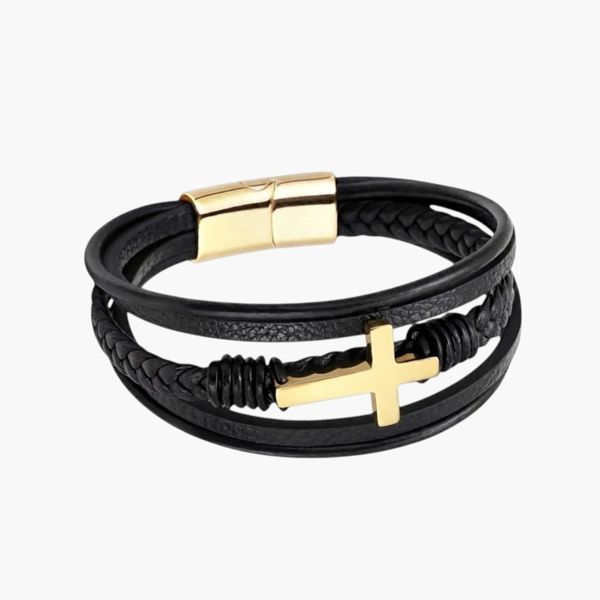 Pulseira em Couro e Aço Inoxidável com Cruz