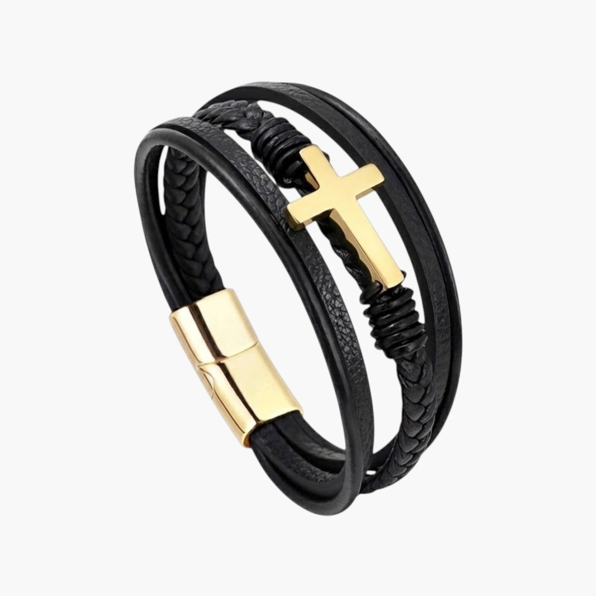 Pulseira em Couro e Aço Inoxidável com Cruz
