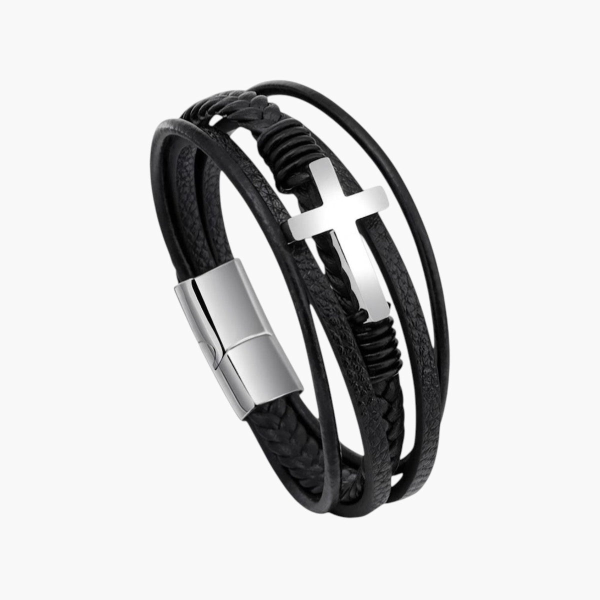 Pulseira em Couro e Aço Inoxidável com Cruz