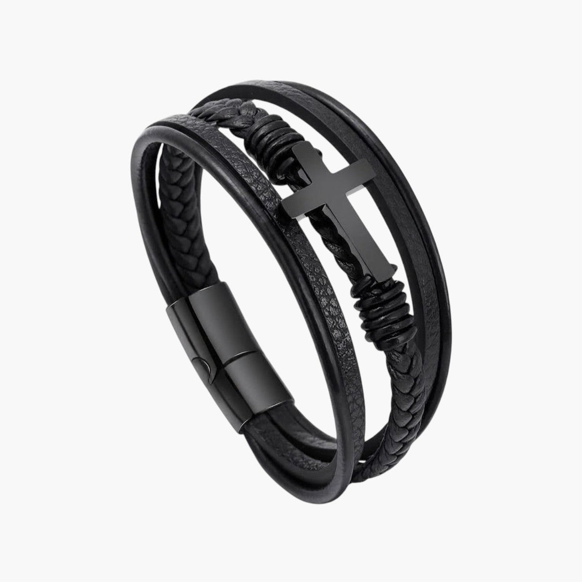 Pulseira em Couro e Aço Inoxidável com Cruz
