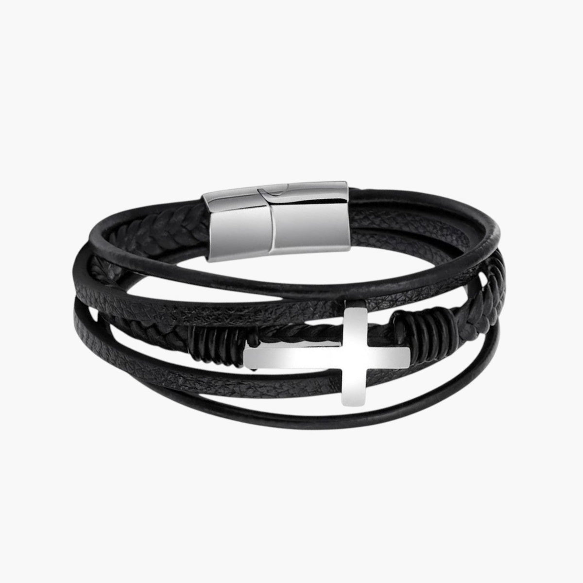 Pulseira em Couro e Aço Inoxidável com Cruz