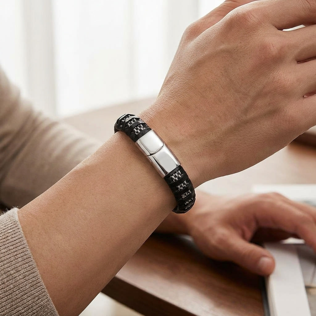 Pulseira em Couro e Aço Inoxidável