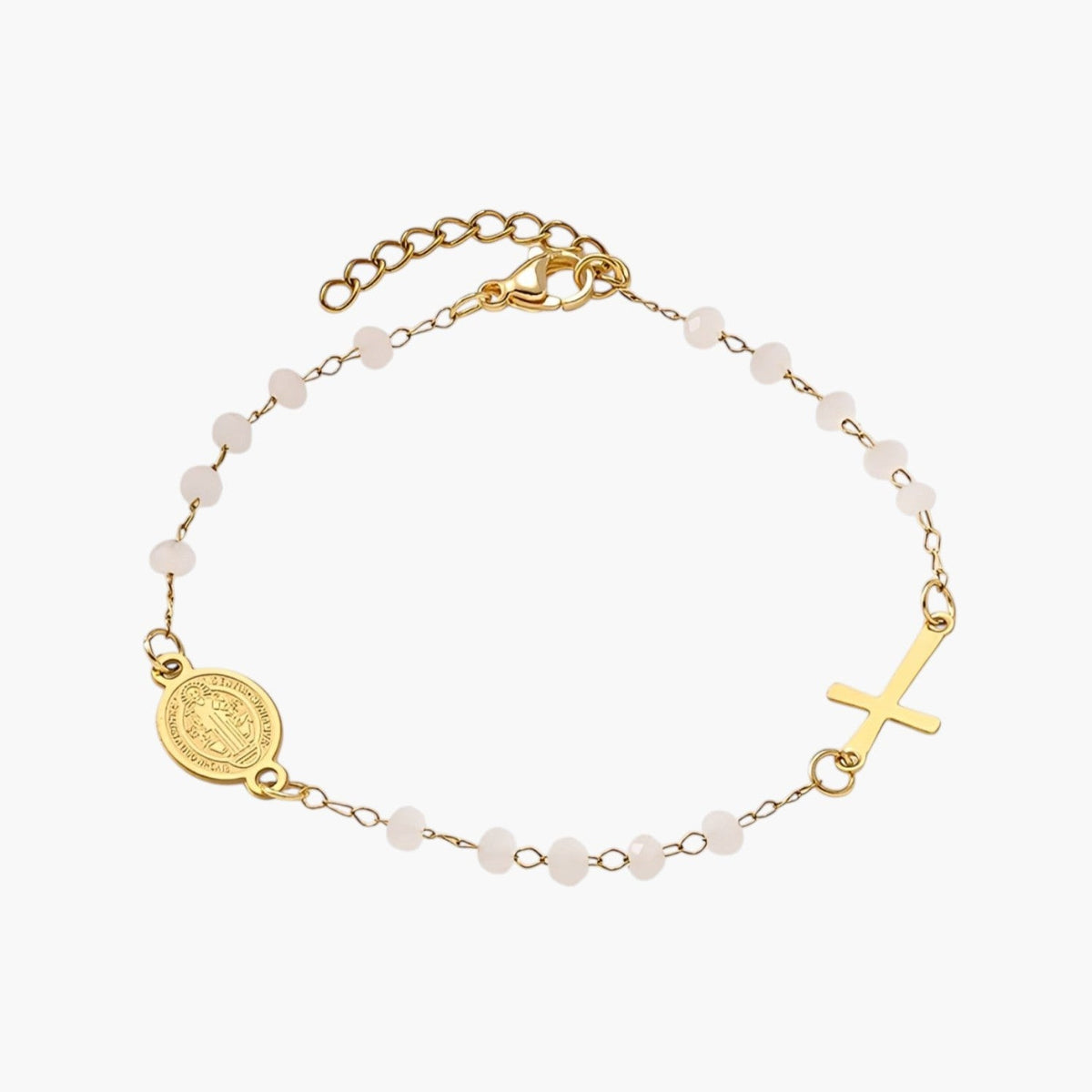 Pulseira em Aço Inoxidável com Cruz e Medalha de São Bento