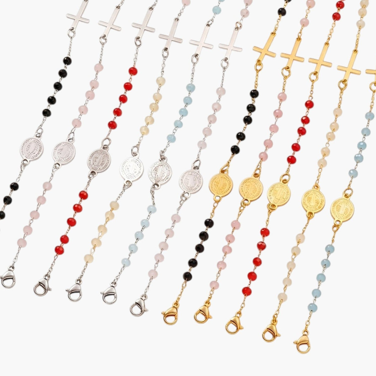 Pulseira em Aço Inoxidável com Cruz e Medalha de São Bento
