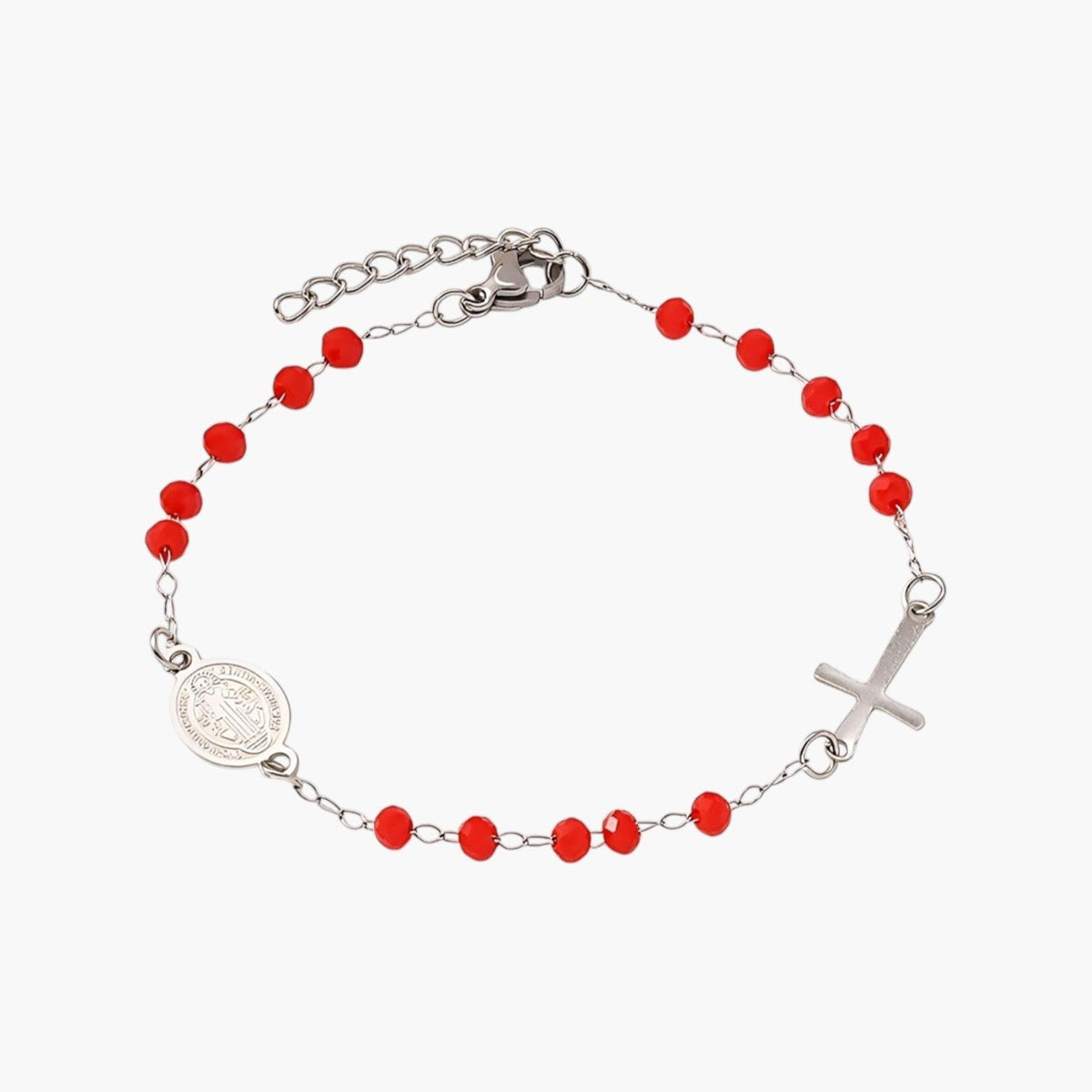 Pulseira em Aço Inoxidável com Cruz e Medalha de São Bento
