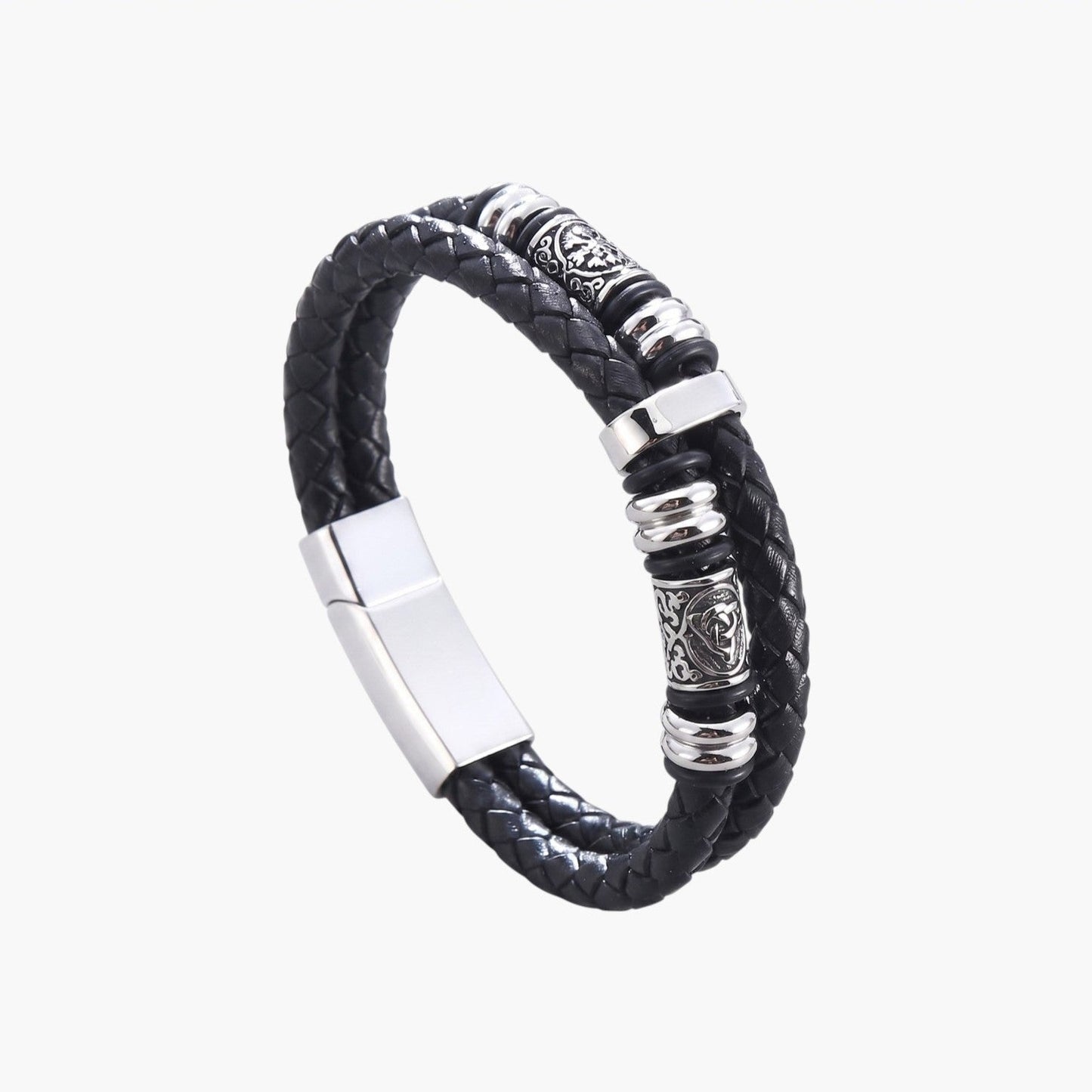 Pulseira em Couro Entrançado e Aço Inoxidável