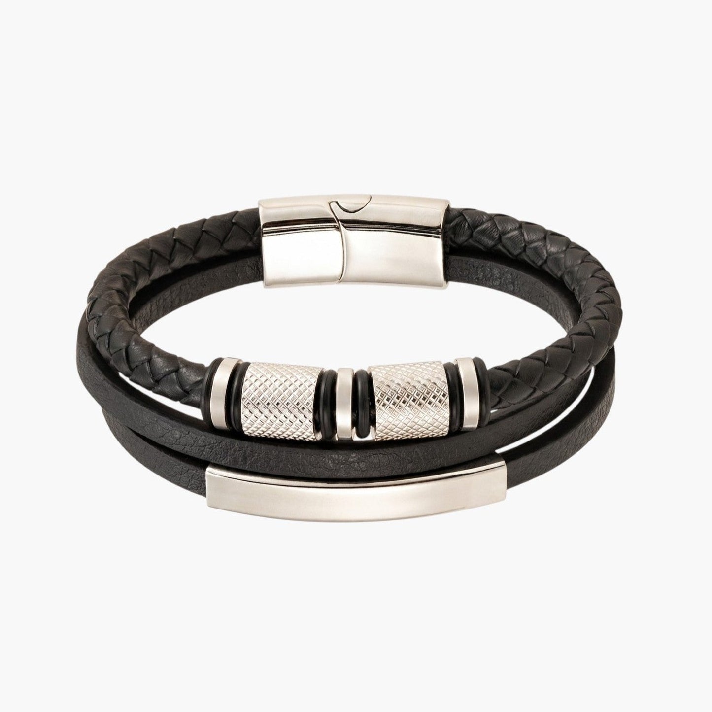 Pulseira em Couro Entrançado e Aço Inoxidável