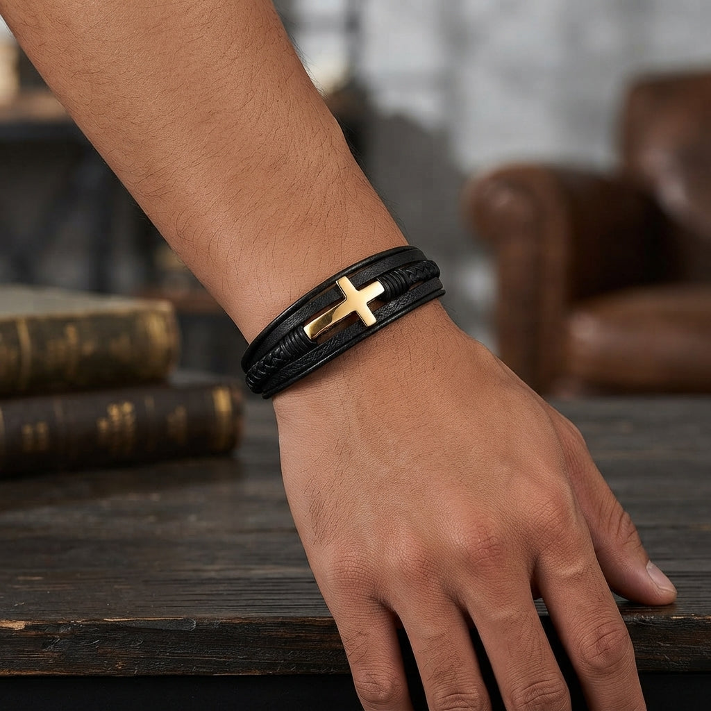 Pulseira Cruz em Couro e Aço Inoxidável