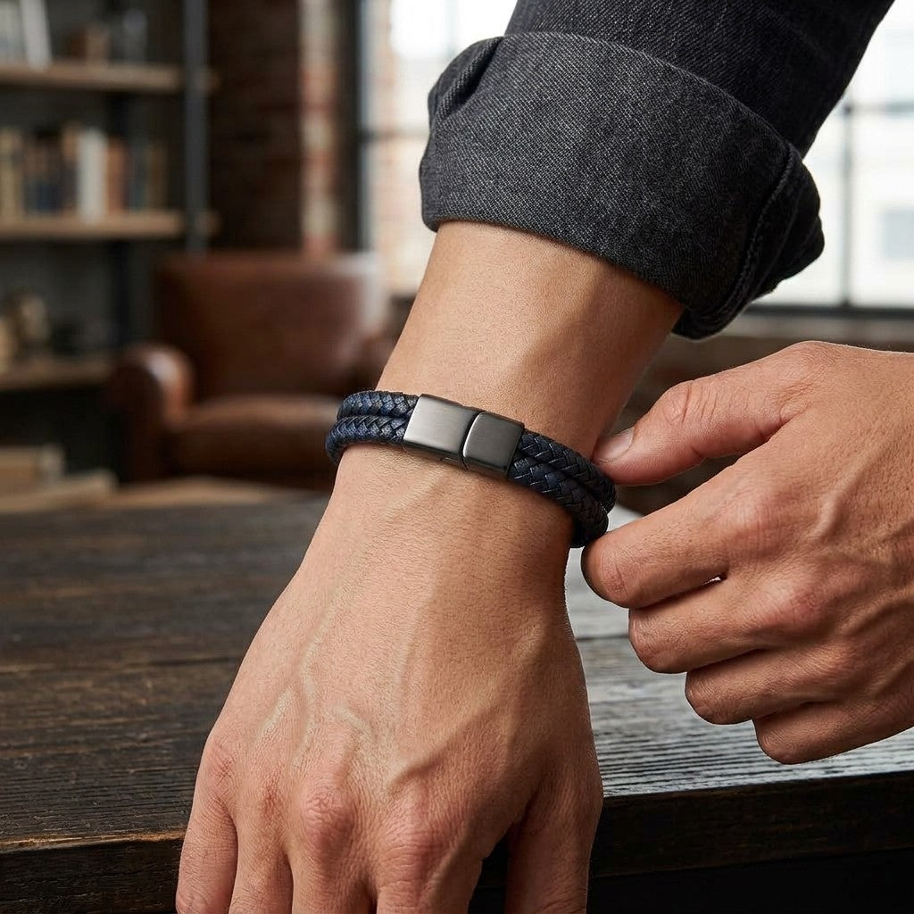 Pulseira Dupla em Couro e Aço Inoxidável