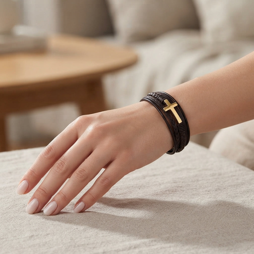 Pulseira Cruz em Couro e Aço Inoxidável