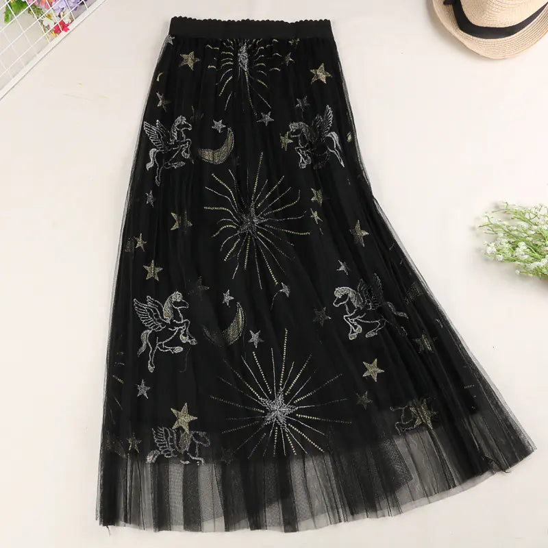 Celestial Embroidered Mesh Skirt
