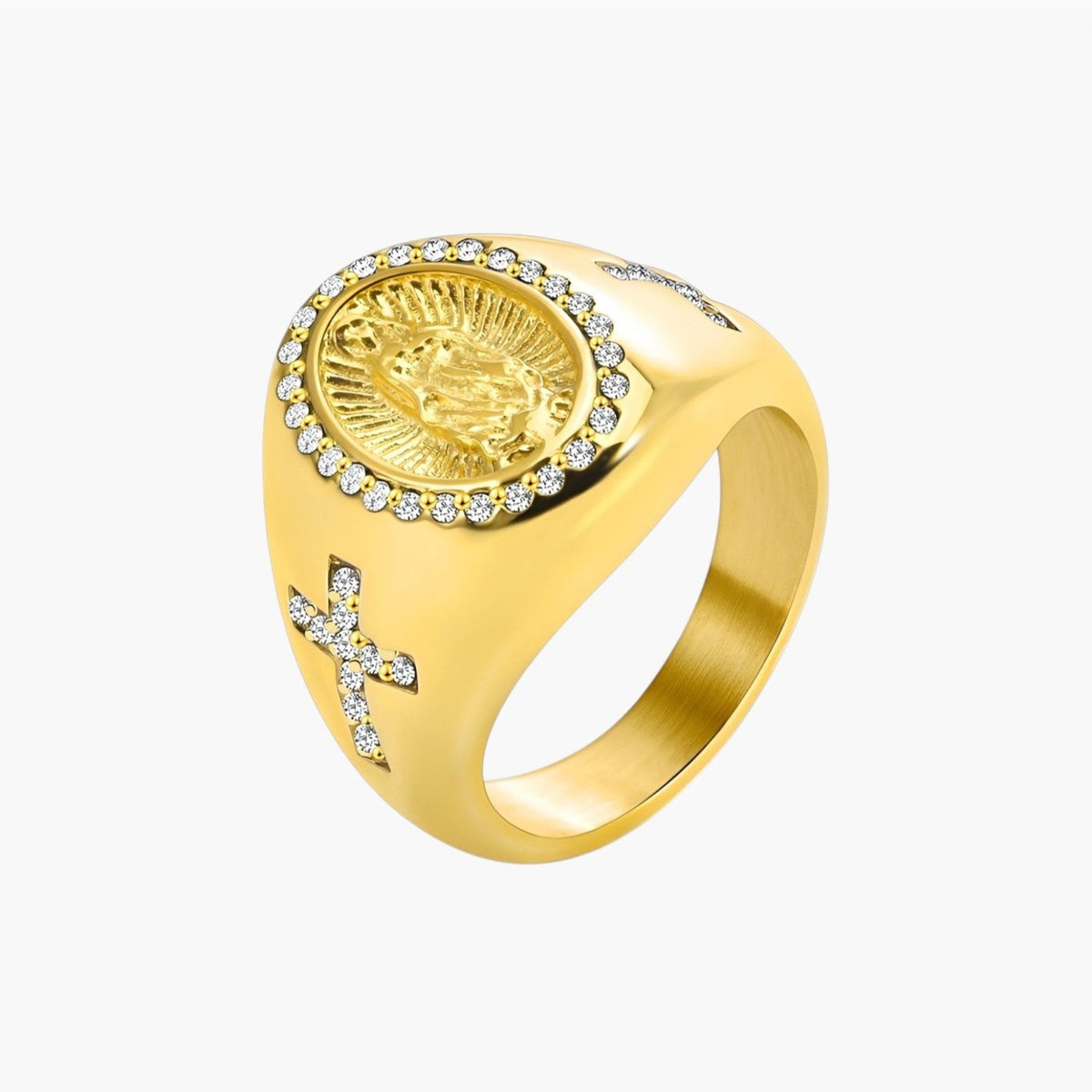 Anel Virgem Maria com Zircónias em Aço Inoxidável